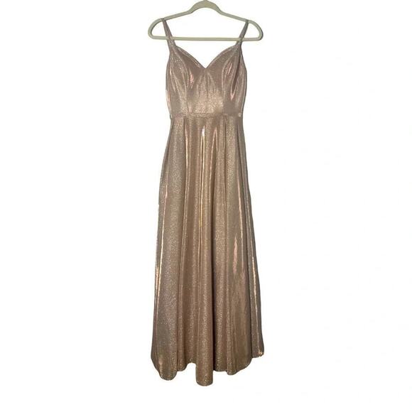 Dancing Queen Rose Gold Sleeveless Sweep Train V-neck Long Gown Size Small - Picture 10 of 16